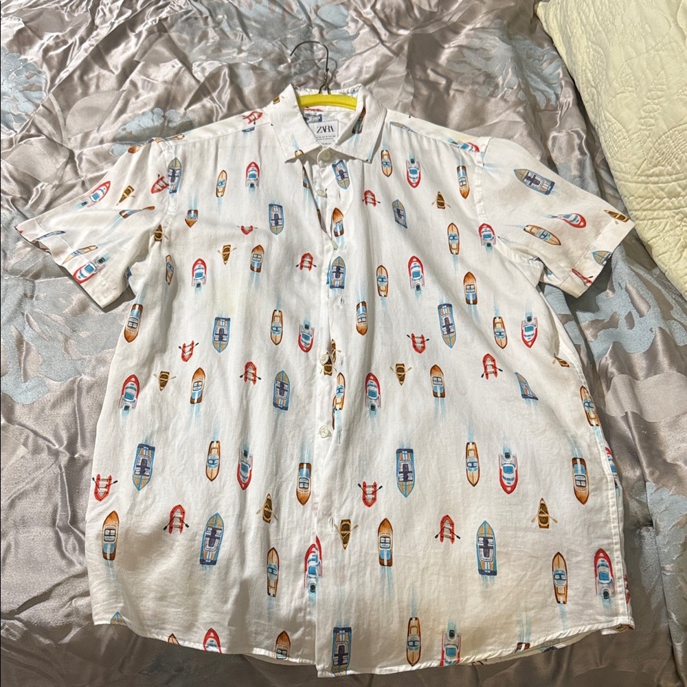 Zara Men's Cream Shirt with Colorful Surfboard Pattern